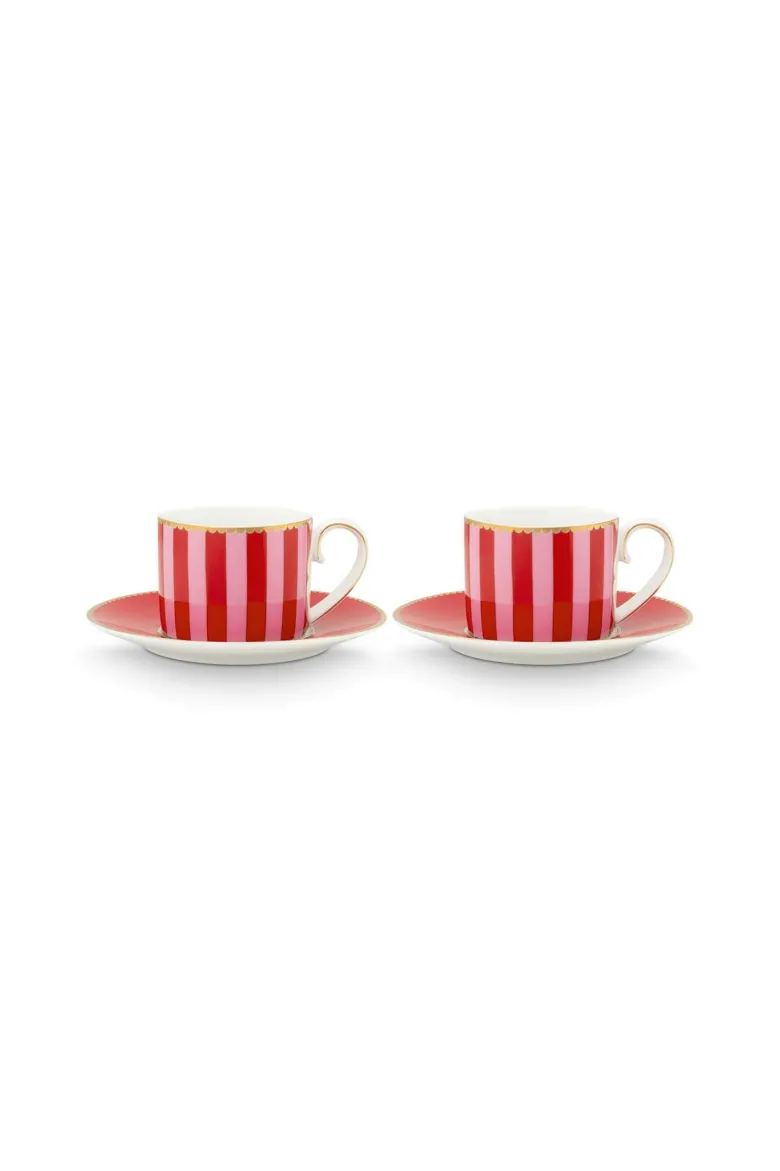 Set/2 Espresso Tasse & Untertasse Love Birds Streifen Rot-Rosa