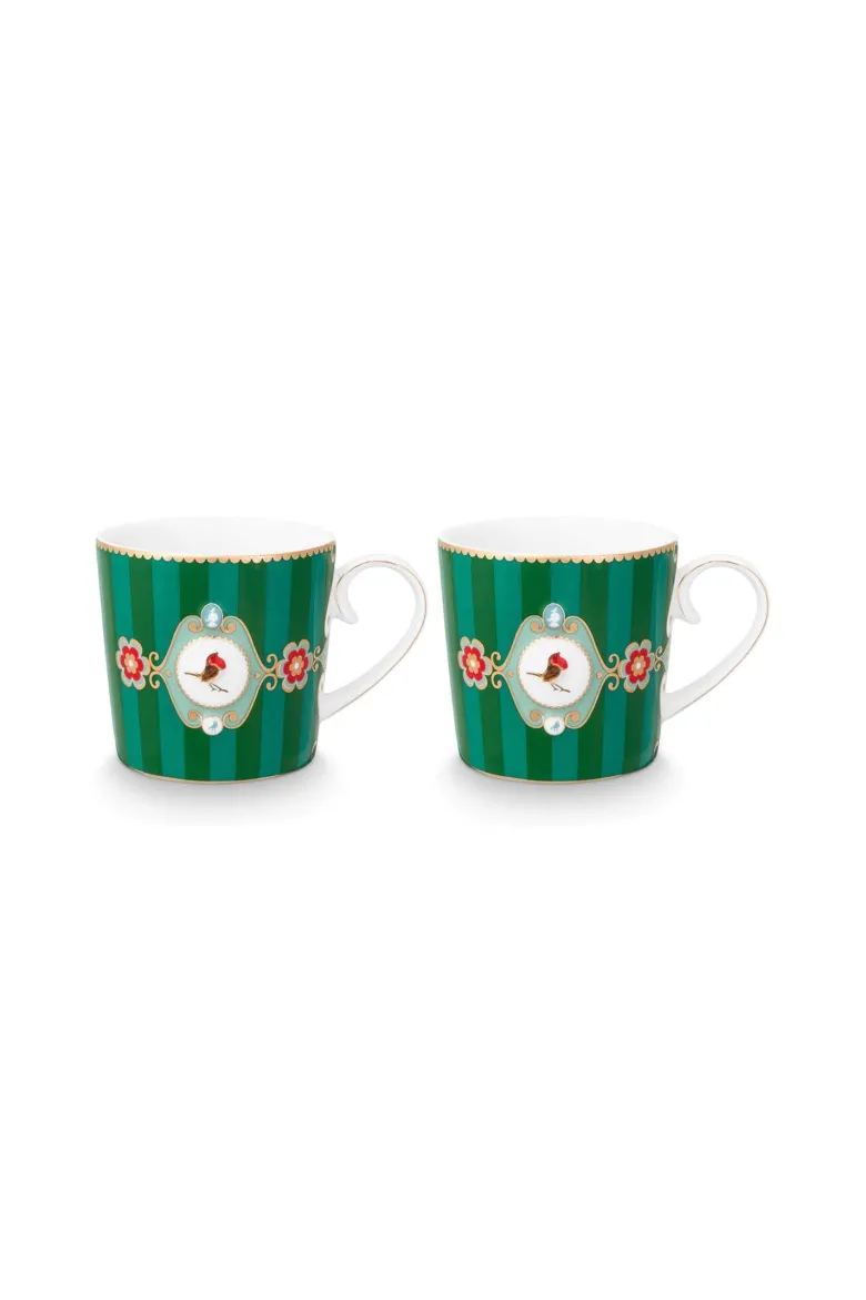 Set/2 Tassen Klein Love Birds Medallion Streifen Emerald-Grün